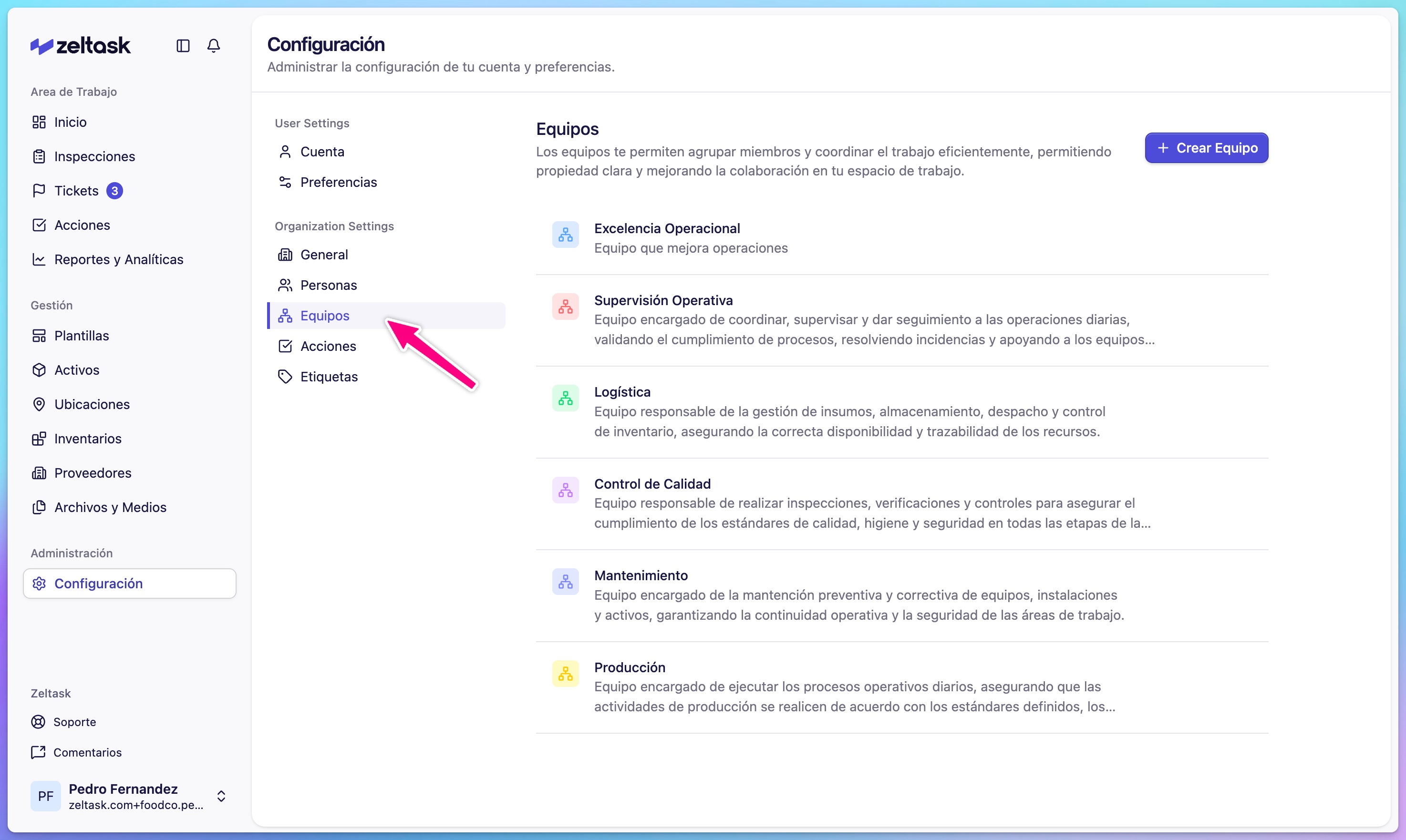 Settings sidebar with Teams section highlighted